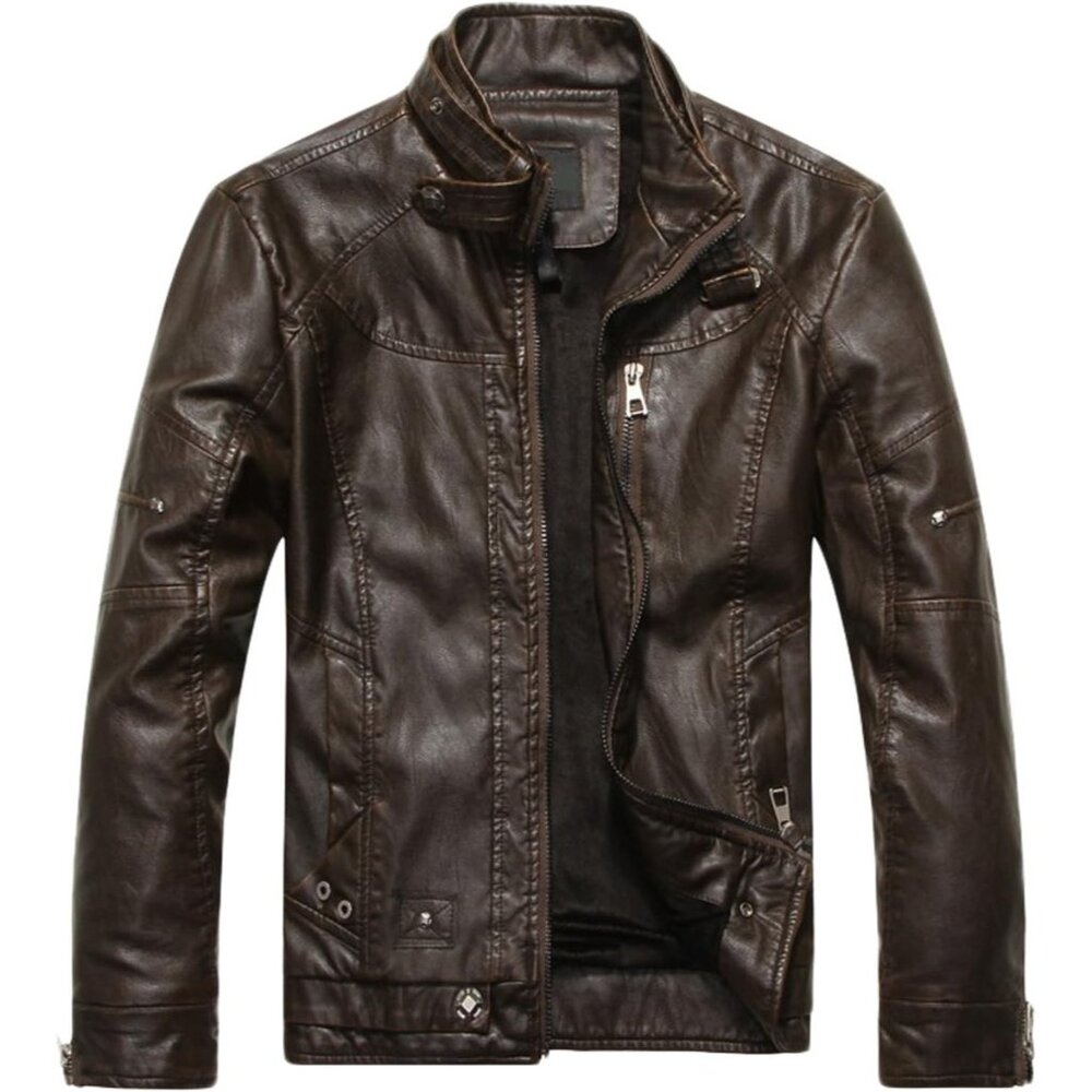 Men's Vintage Stand Collar Pu Leather Jacket - Coffee